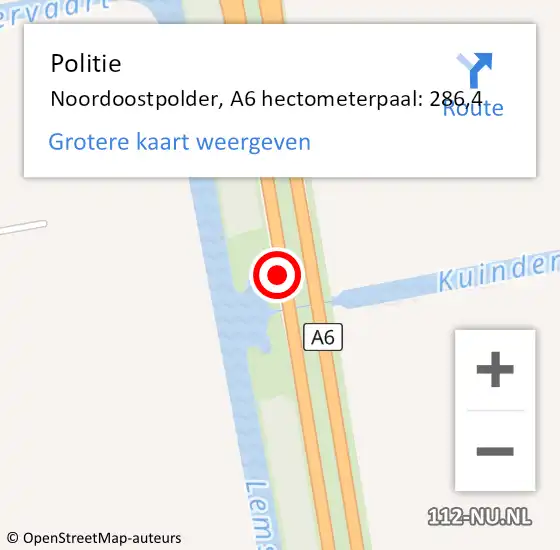 Locatie op kaart van de 112 melding: Politie Noordoostpolder, A6 hectometerpaal: 286,4 op 7 maart 2023 13:39