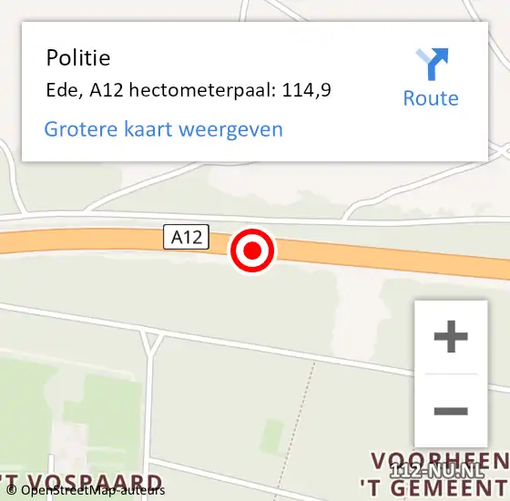 Locatie op kaart van de 112 melding: Politie Ede, A12 hectometerpaal: 114,9 op 7 maart 2023 13:42