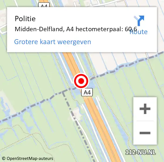 Locatie op kaart van de 112 melding: Politie Midden-Delfland, A4 hectometerpaal: 60,6 op 7 maart 2023 18:13