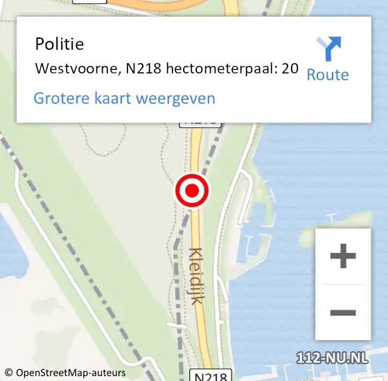 Locatie op kaart van de 112 melding: Politie Westvoorne, N218 hectometerpaal: 20 op 7 maart 2023 18:54