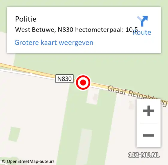 Locatie op kaart van de 112 melding: Politie West Betuwe, N830 hectometerpaal: 10,5 op 7 maart 2023 19:36