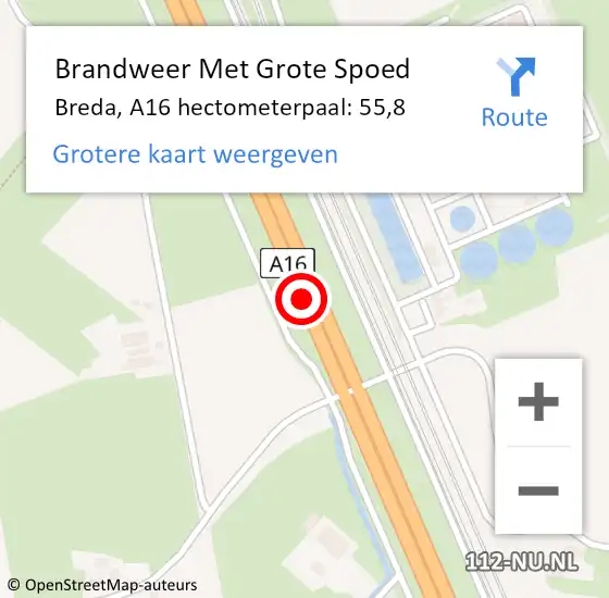 Locatie op kaart van de 112 melding: Brandweer Met Grote Spoed Naar Breda, A16 hectometerpaal: 55,8 op 7 maart 2023 20:19