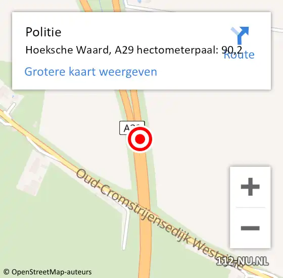 Locatie op kaart van de 112 melding: Politie Hoeksche Waard, A29 hectometerpaal: 90,2 op 7 maart 2023 23:22