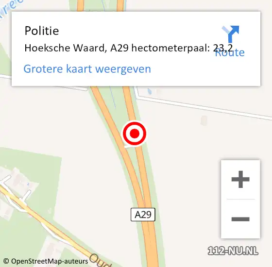 Locatie op kaart van de 112 melding: Politie Hoeksche Waard, A29 hectometerpaal: 23,2 op 7 maart 2023 23:24