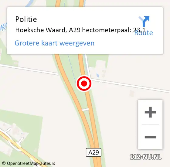 Locatie op kaart van de 112 melding: Politie Hoeksche Waard, A29 hectometerpaal: 23,1 op 7 maart 2023 23:32