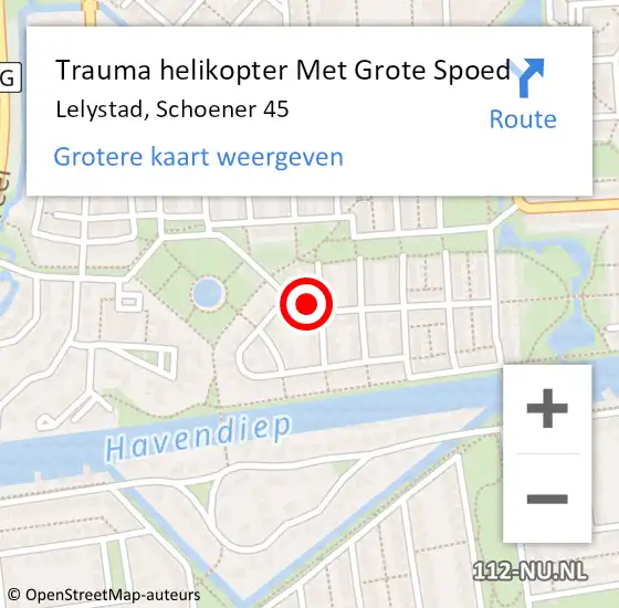 Locatie op kaart van de 112 melding: Trauma helikopter Met Grote Spoed Naar Lelystad, Schoener 45 op 7 maart 2023 23:54