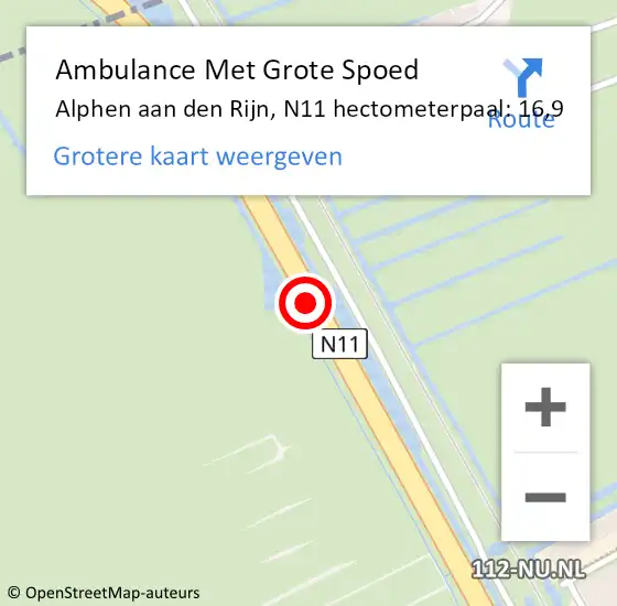 Locatie op kaart van de 112 melding: Ambulance Met Grote Spoed Naar Alphen aan den Rijn, N11 hectometerpaal: 16,9 op 8 maart 2023 00:18