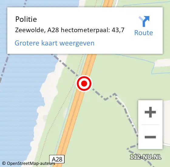 Locatie op kaart van de 112 melding: Politie Zeewolde, A28 hectometerpaal: 43,7 op 8 maart 2023 07:49