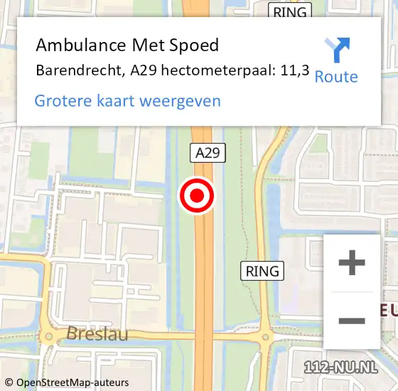 Locatie op kaart van de 112 melding: Ambulance Met Spoed Naar Barendrecht, A29 hectometerpaal: 11,3 op 8 maart 2023 10:00