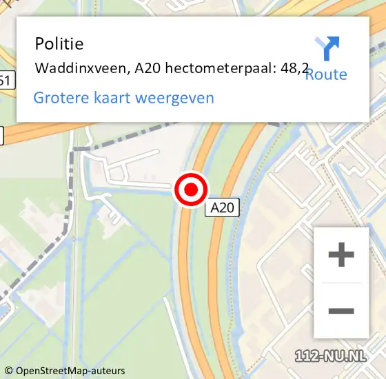 Locatie op kaart van de 112 melding: Politie Waddinxveen, A20 hectometerpaal: 48,2 op 8 maart 2023 10:00