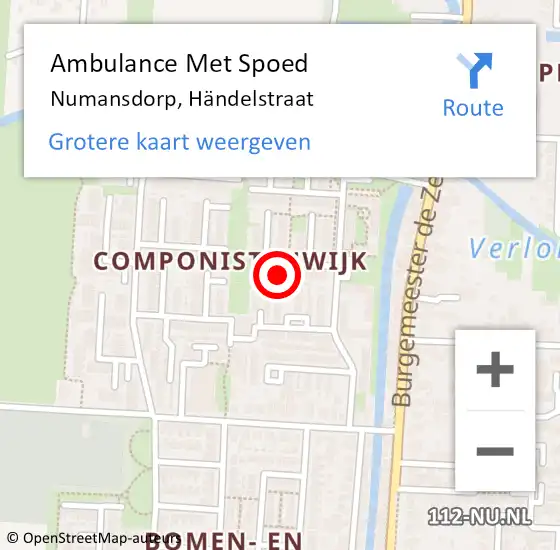 Locatie op kaart van de 112 melding: Ambulance Met Spoed Naar Numansdorp, Händelstraat op 8 maart 2023 11:04