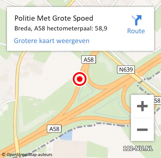 Locatie op kaart van de 112 melding: Politie Met Grote Spoed Naar Breda, A58 hectometerpaal: 58,9 op 8 maart 2023 16:27