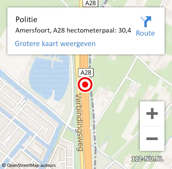 Locatie op kaart van de 112 melding: Politie Amersfoort, A28 hectometerpaal: 30,4 op 8 maart 2023 17:15