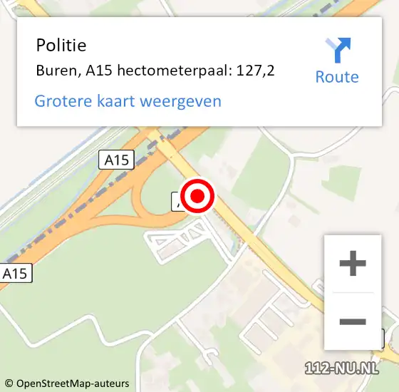 Locatie op kaart van de 112 melding: Politie Buren, A15 hectometerpaal: 127,2 op 8 maart 2023 17:25