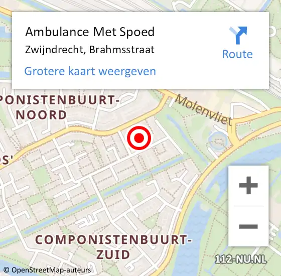 Locatie op kaart van de 112 melding: Ambulance Met Spoed Naar Zwijndrecht, Brahmsstraat op 8 maart 2023 19:33