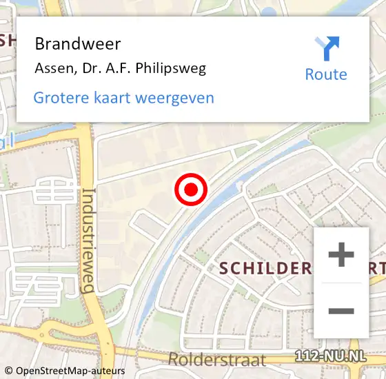 Locatie op kaart van de 112 melding: Brandweer Assen, Dr. A.F. Philipsweg op 8 maart 2023 19:35