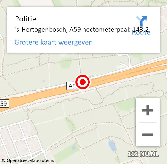 Locatie op kaart van de 112 melding: Politie 's-Hertogenbosch, A59 hectometerpaal: 143,2 op 8 maart 2023 23:00