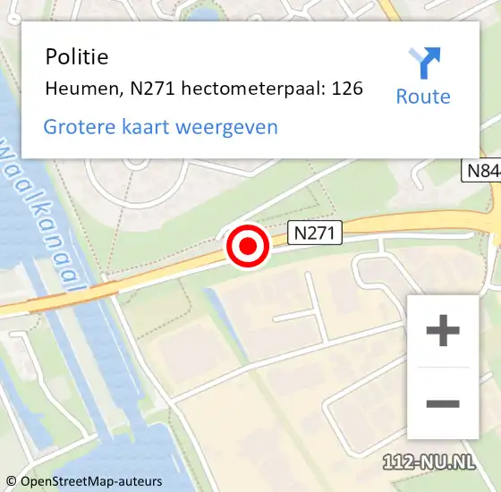 Locatie op kaart van de 112 melding: Politie Heumen, N271 hectometerpaal: 126 op 8 maart 2023 23:11