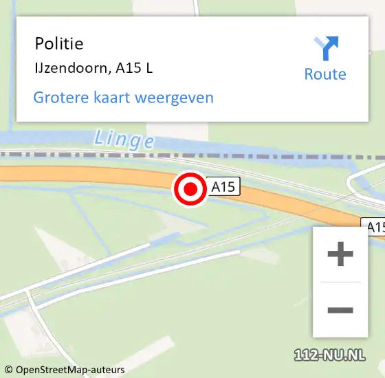 Locatie op kaart van de 112 melding: Politie IJzendoorn, A15 L op 18 augustus 2014 10:41