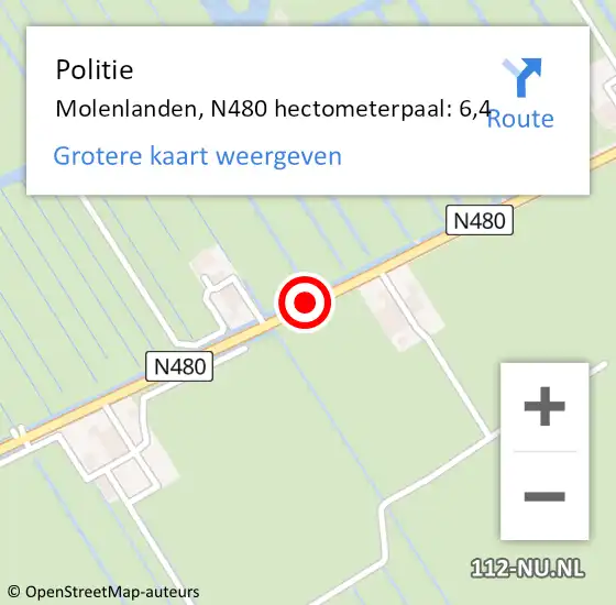 Locatie op kaart van de 112 melding: Politie Molenlanden, N480 hectometerpaal: 6,4 op 9 maart 2023 07:36