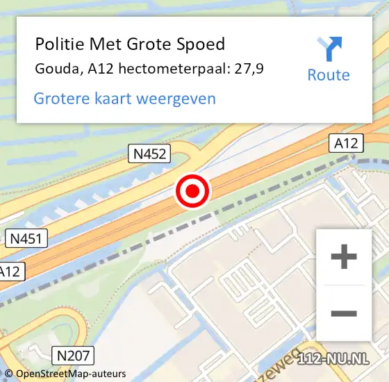 Locatie op kaart van de 112 melding: Politie Met Grote Spoed Naar Gouda, A12 hectometerpaal: 27,9 op 9 maart 2023 08:02