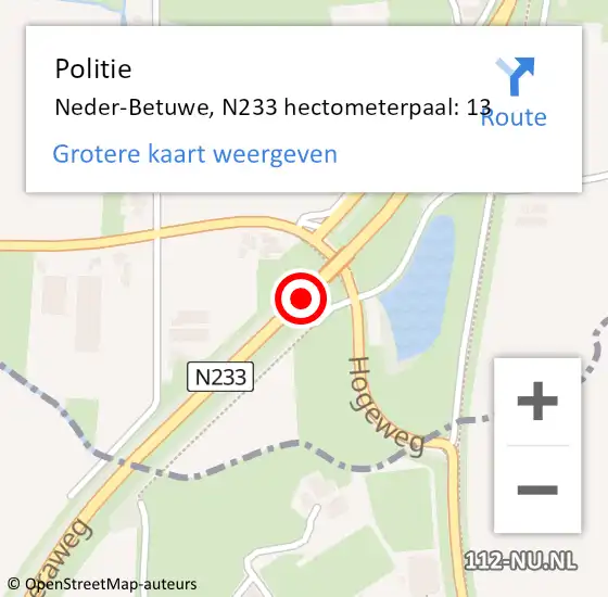 Locatie op kaart van de 112 melding: Politie Neder-Betuwe, N233 hectometerpaal: 13 op 9 maart 2023 10:18