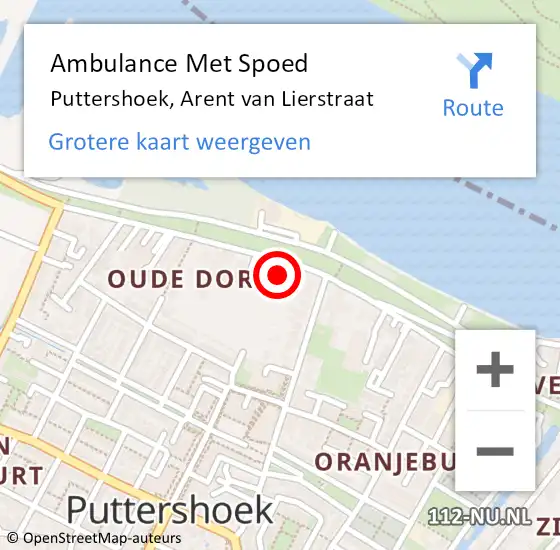 Locatie op kaart van de 112 melding: Ambulance Met Spoed Naar Puttershoek, Arent van Lierstraat op 9 maart 2023 11:45