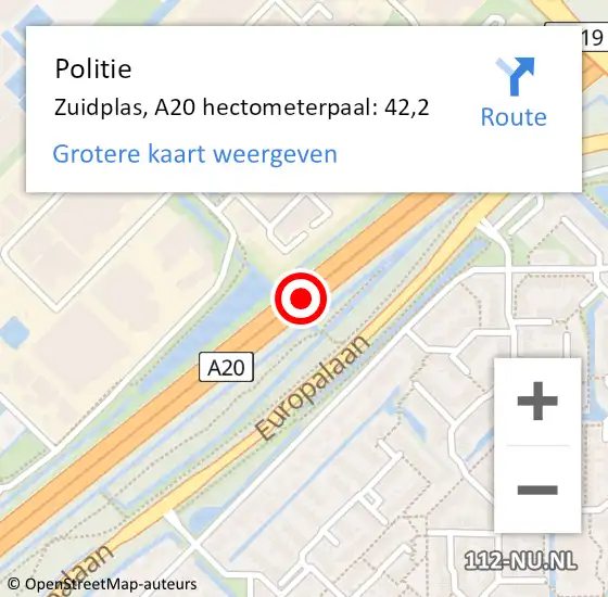 Locatie op kaart van de 112 melding: Politie Zuidplas, A20 hectometerpaal: 42,2 op 9 maart 2023 12:18