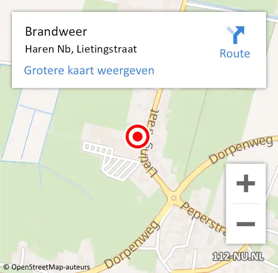Locatie op kaart van de 112 melding: Brandweer Haren Nb, Lietingstraat op 18 augustus 2014 11:40