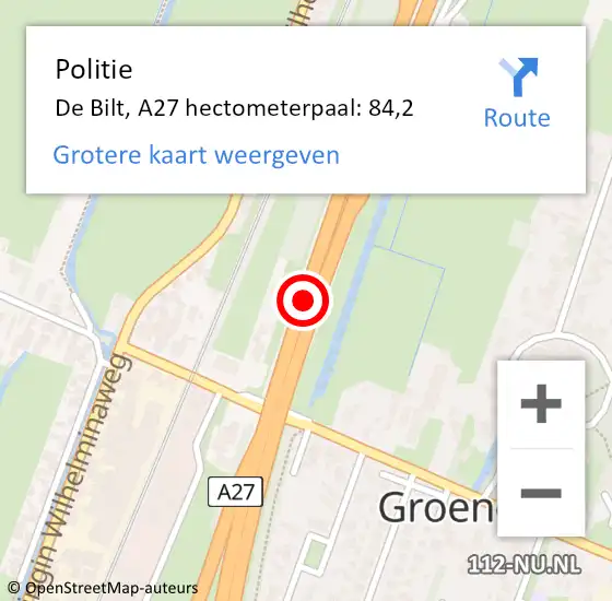 Locatie op kaart van de 112 melding: Politie De Bilt, A27 hectometerpaal: 84,2 op 9 maart 2023 17:51