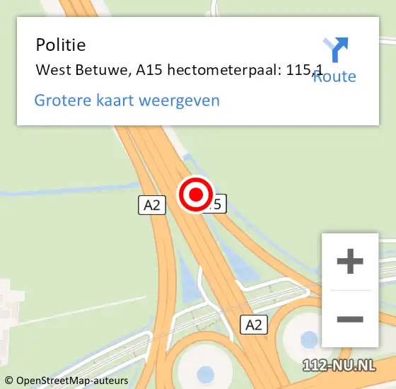 Locatie op kaart van de 112 melding: Politie West Betuwe, A15 hectometerpaal: 115,1 op 9 maart 2023 18:01