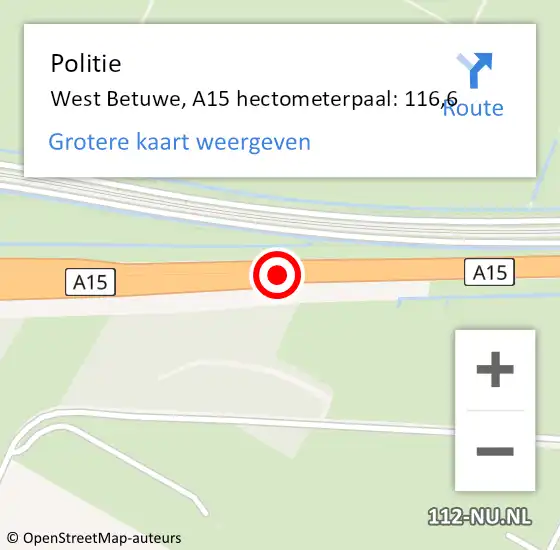 Locatie op kaart van de 112 melding: Politie West Betuwe, A15 hectometerpaal: 116,6 op 9 maart 2023 18:39