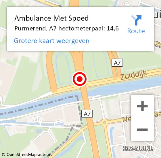 Locatie op kaart van de 112 melding: Ambulance Met Spoed Naar Purmerend, A7 hectometerpaal: 14,6 op 9 maart 2023 19:01