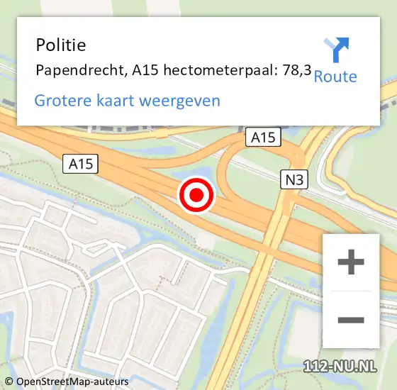 Locatie op kaart van de 112 melding: Politie Papendrecht, A15 hectometerpaal: 78,3 op 9 maart 2023 21:10