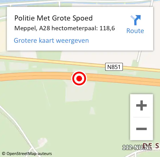 Locatie op kaart van de 112 melding: Politie Met Grote Spoed Naar Meppel, A28 hectometerpaal: 118,6 op 9 maart 2023 21:11