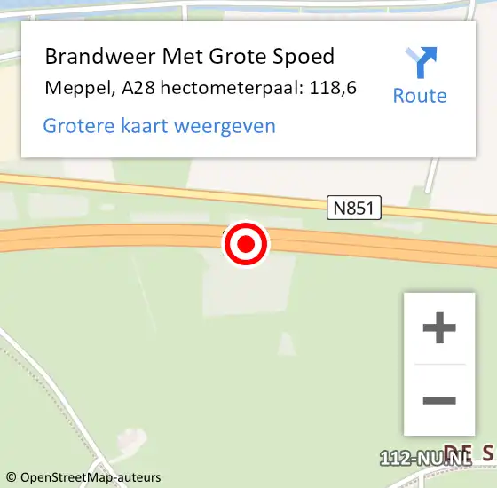 Locatie op kaart van de 112 melding: Brandweer Met Grote Spoed Naar Meppel, A28 hectometerpaal: 118,6 op 9 maart 2023 21:12