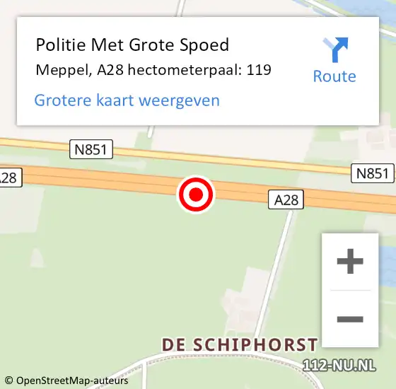 Locatie op kaart van de 112 melding: Politie Met Grote Spoed Naar Meppel, A28 hectometerpaal: 119 op 9 maart 2023 21:13