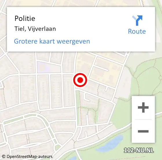 Locatie op kaart van de 112 melding: Politie Tiel, Vijverlaan op 9 maart 2023 21:32