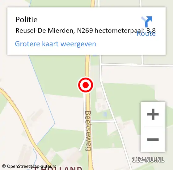 Locatie op kaart van de 112 melding: Politie Reusel-De Mierden, N269 hectometerpaal: 3,8 op 9 maart 2023 21:57