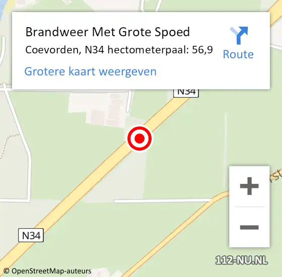 Locatie op kaart van de 112 melding: Brandweer Met Grote Spoed Naar Coevorden, N34 hectometerpaal: 56,9 op 9 maart 2023 22:54