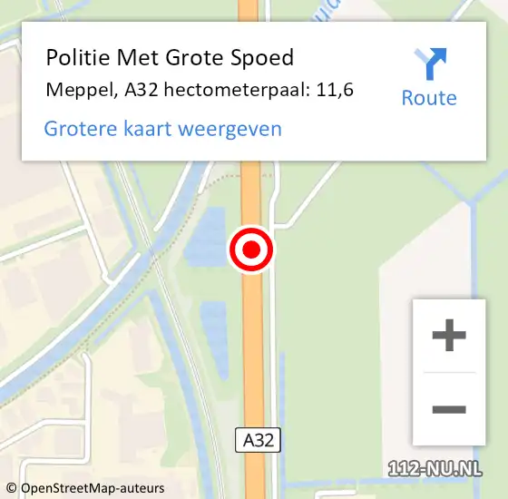 Locatie op kaart van de 112 melding: Politie Met Grote Spoed Naar Meppel, A32 hectometerpaal: 11,6 op 9 maart 2023 22:59