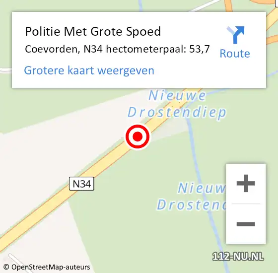Locatie op kaart van de 112 melding: Politie Met Grote Spoed Naar Coevorden, N34 hectometerpaal: 53,7 op 9 maart 2023 23:24