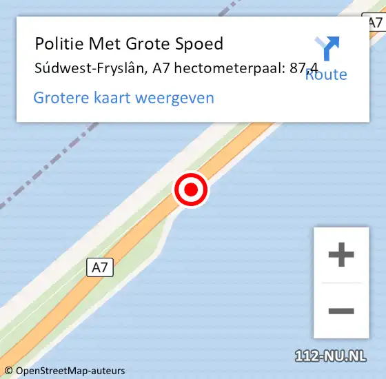 Locatie op kaart van de 112 melding: Politie Met Grote Spoed Naar Súdwest-Fryslân, A7 hectometerpaal: 87,4 op 10 maart 2023 06:25