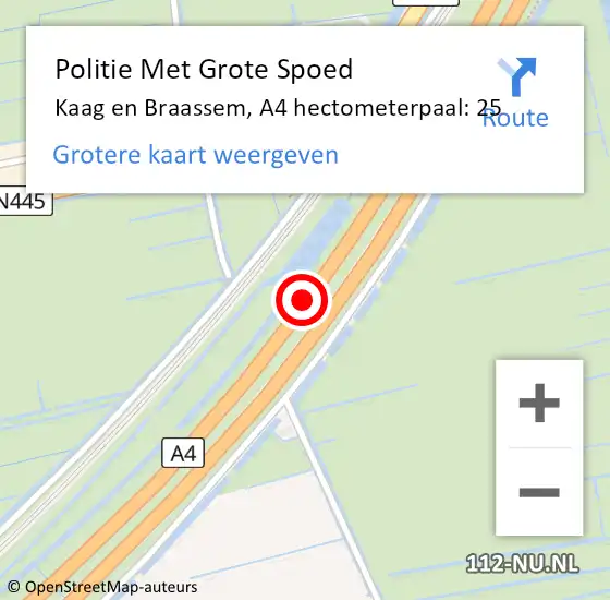 Locatie op kaart van de 112 melding: Politie Met Grote Spoed Naar Kaag en Braassem, A4 hectometerpaal: 25 op 10 maart 2023 06:35