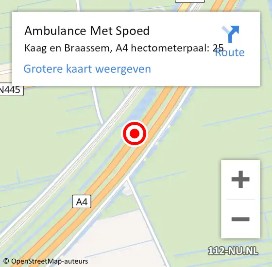 Locatie op kaart van de 112 melding: Ambulance Met Spoed Naar Kaag en Braassem, A4 hectometerpaal: 25 op 10 maart 2023 06:38