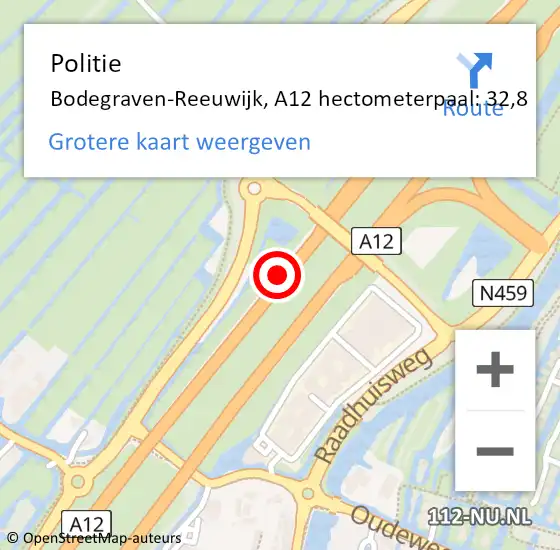 Locatie op kaart van de 112 melding: Politie Bodegraven-Reeuwijk, A12 hectometerpaal: 32,8 op 10 maart 2023 07:50