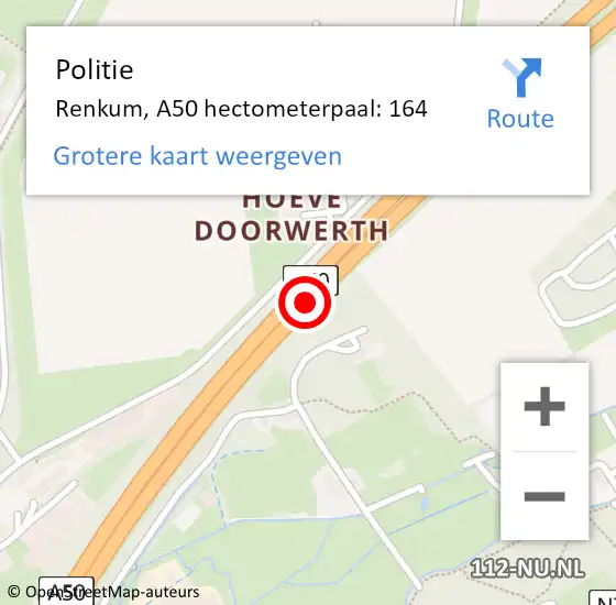 Locatie op kaart van de 112 melding: Politie Renkum, A50 hectometerpaal: 164 op 10 maart 2023 09:29