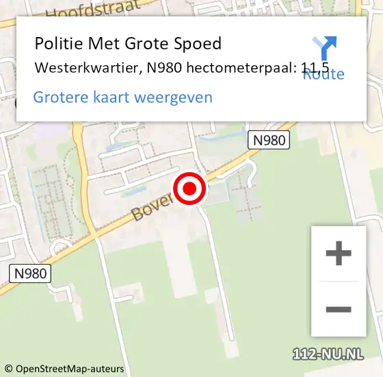 Locatie op kaart van de 112 melding: Politie Met Grote Spoed Naar Westerkwartier, N980 hectometerpaal: 11,5 op 10 maart 2023 10:59