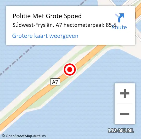 Locatie op kaart van de 112 melding: Politie Met Grote Spoed Naar Súdwest-Fryslân, A7 hectometerpaal: 85,5 op 10 maart 2023 13:09