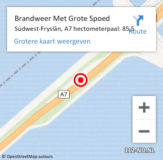 Locatie op kaart van de 112 melding: Brandweer Met Grote Spoed Naar Súdwest-Fryslân, A7 hectometerpaal: 85,5 op 10 maart 2023 13:10